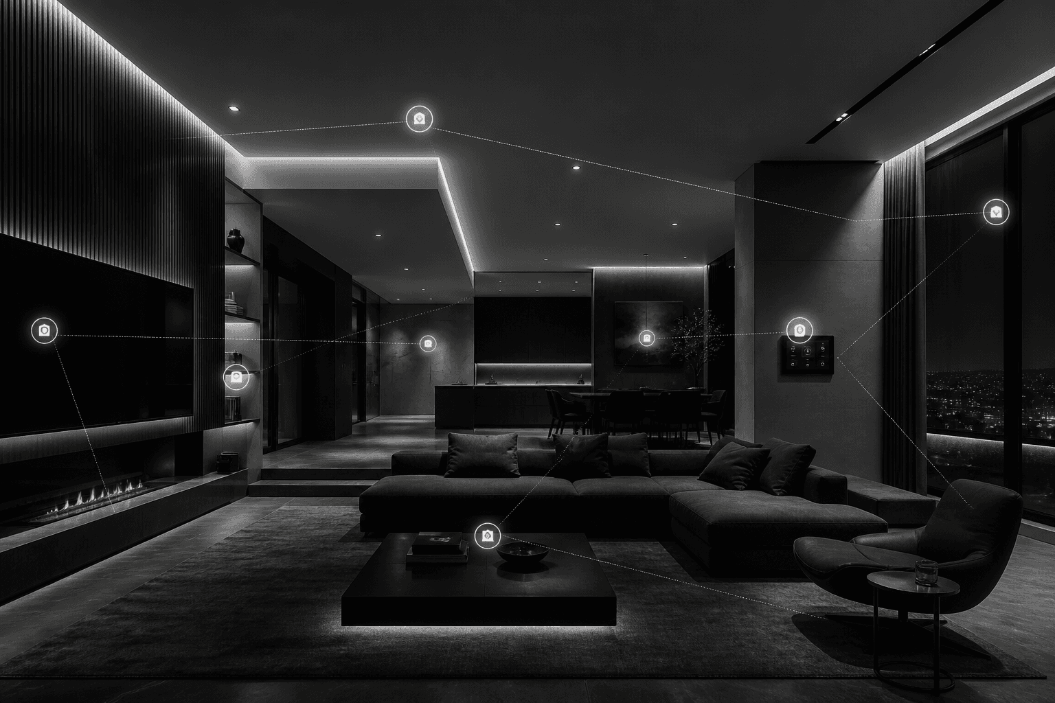 Modern smart home interior with intelligent lighting and control